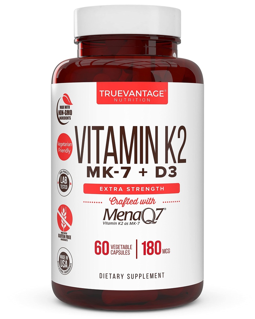 Vitamina K2 D3 Suplemento 5000 UI D3 y 180 mcg Vitamina k2 MK7 Suplemento para huesos saludables, corazón sano y salud cardiovascular-60 Capas vegetales fáciles de absorber de MenaQ7 K2 MK7