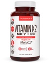 Vitamina K2 D3 Suplemento 5000 UI D3 y 180 mcg Vitamina k2 MK7 Suplemento para huesos saludables, corazón sano y salud cardiovascular-60 Capas vegetales fáciles de absorber de MenaQ7 K2 MK7