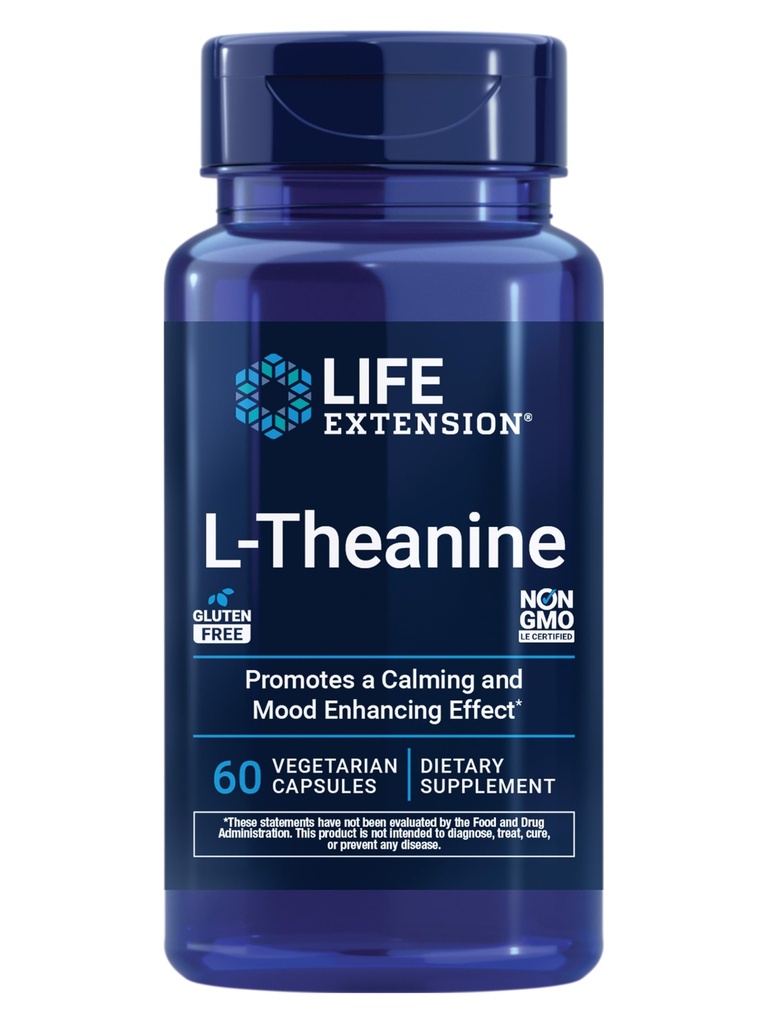 Extensión de la vida L-Theanine, Amino Acid theanine, Calm, Relax, Mood, Gluten-Free, Non-GMO, Vegetarian, 200 mg, 60 cápsulas