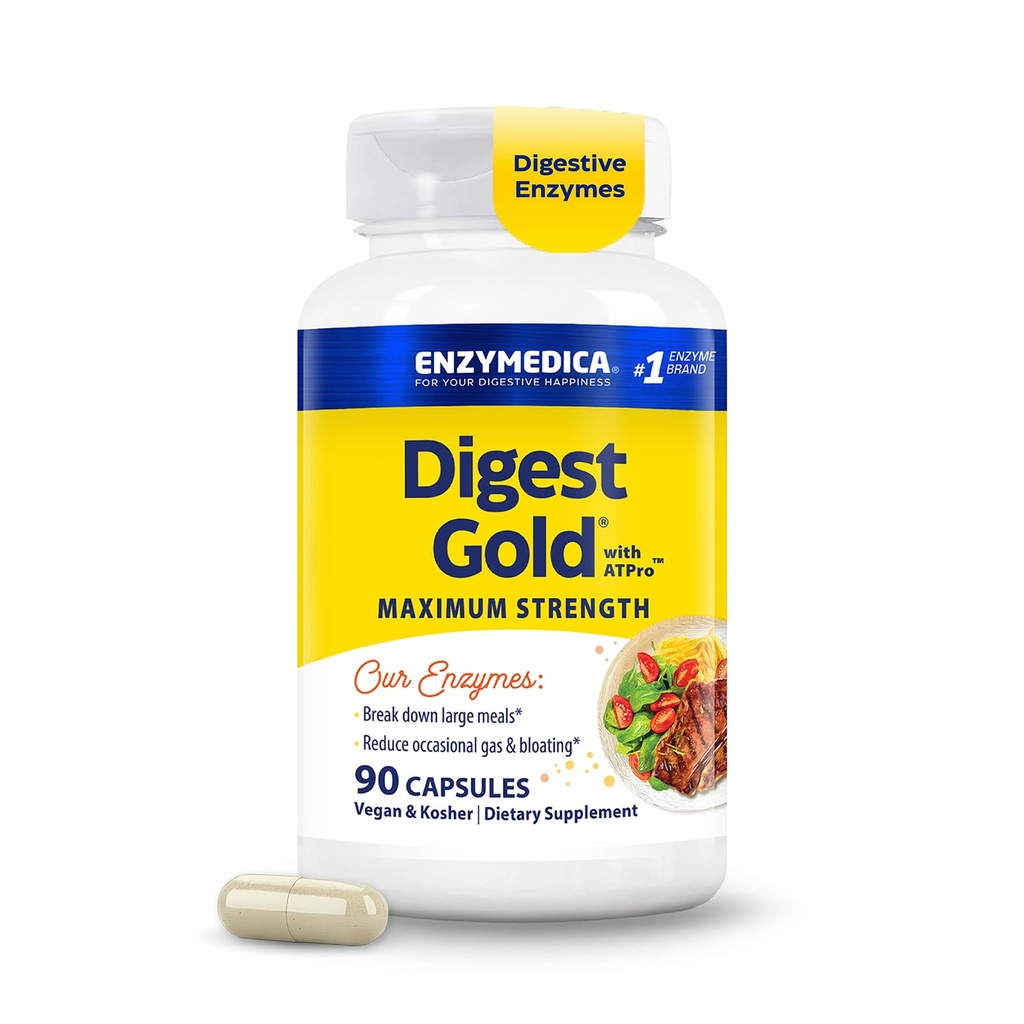 Enzymedica Digest Gold + ATPro, Fuerza máxima, Activo rápido, ayuda a reducir las comidas grandes, para Bloating y Gas, 90 cápsulas