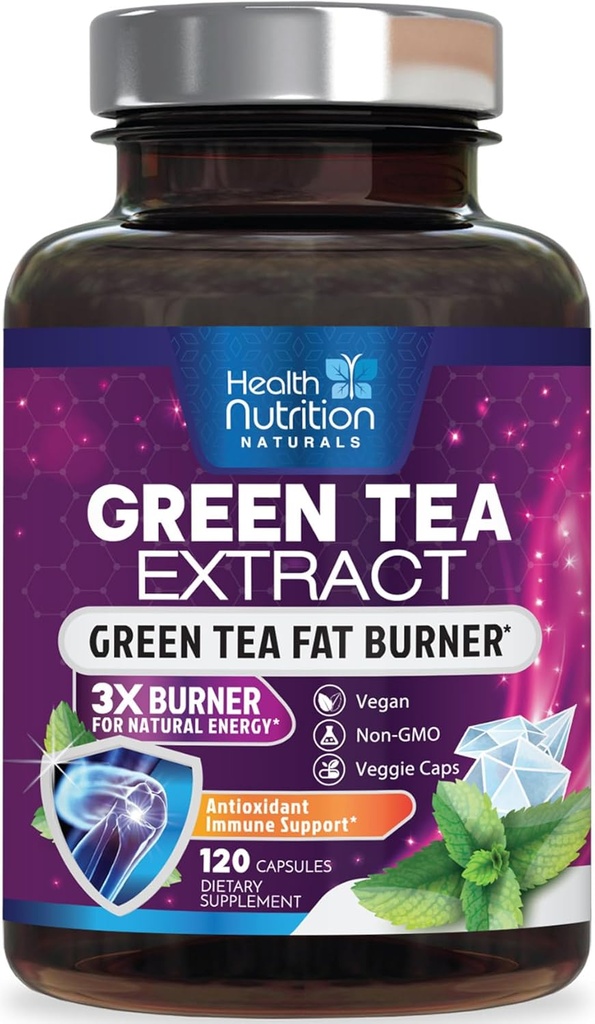 Láminas de Extracto de Té Verde - 98% Standardized EGCG 1300mg 3X Fuerza de Energía Natural - Apoya Corazón &amp; Salud Antioxidante Herbal &amp; Apoyo Inmunitario Suplemento Polyphenols & Catechins - 120 Cápsulas