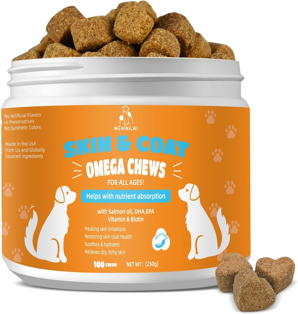 Piel y Coat Chews for Dogs - Itchy Skins Dog Supplement Support Hot Spots Comfort and Shedding Allergy Joint Health with Omega 3 Fish Oil, EPA & DHA Fatty Acids, Bacon Flavor 100 Count Softs Treats