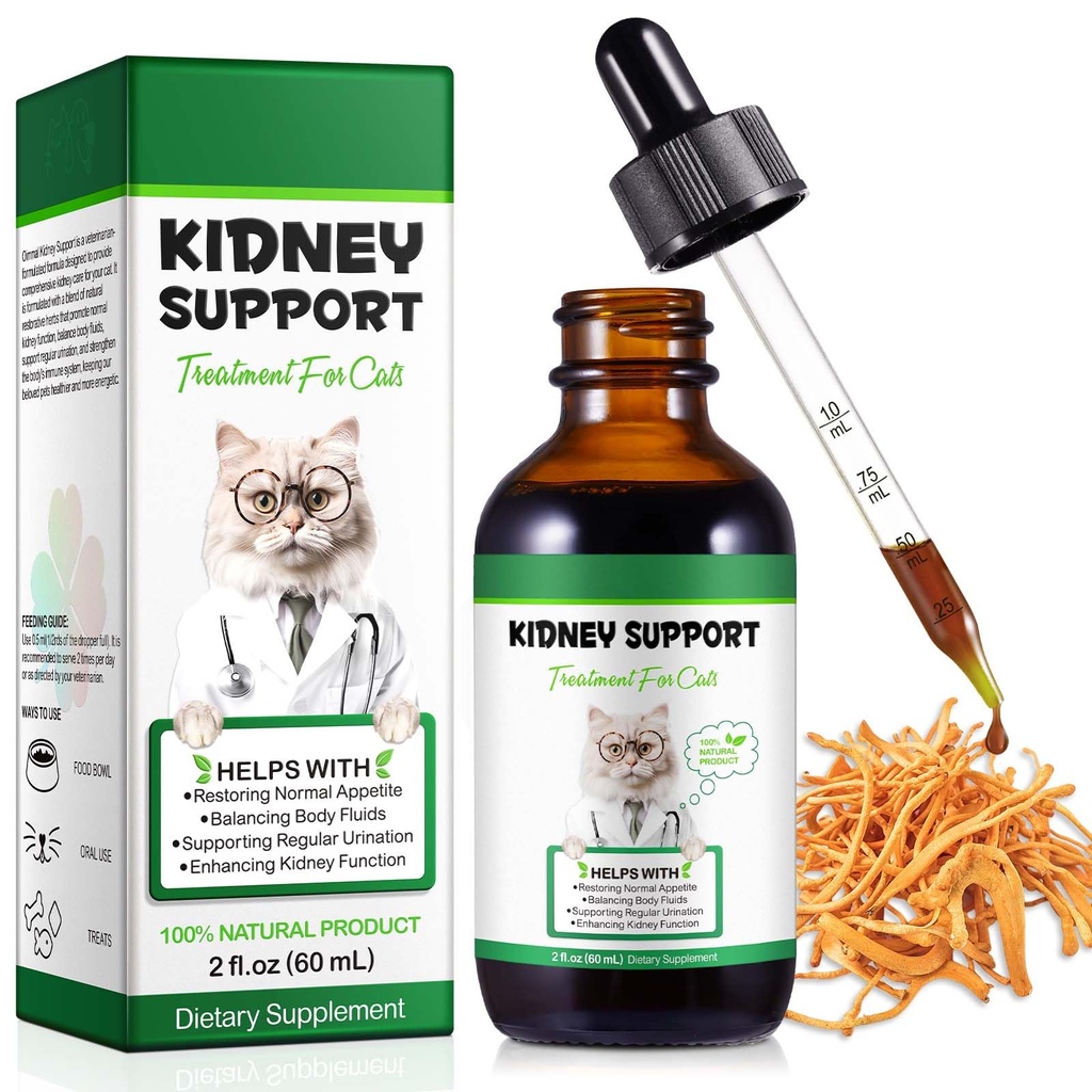 Apoyo al riñón para gatos, Tratamiento del riñón Cat Urinar regularmente, Fortalecer la función del riñón, Aumentar la inmunidad, Suplemento herbario apoya la función saludable del riñón- 60ml/2fl.oz