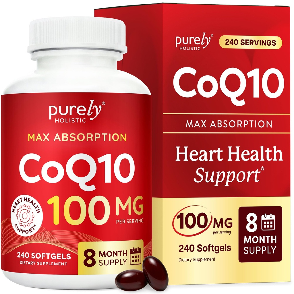 Puramente Holistic CoQ10 100mg - 240 SoftGels - 8 Month Supply - Ubiquinone Coenzyme Q10 Suplemento - con aceite de oliva orgánico - Soy Free Co Q 10 - Made in the USA