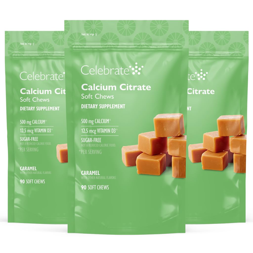 Celebrar vitaminas Bariatric 500mg Calcio Citar cerdas suaves con 500 UI Vitamina D3 – Esencial para el bypaso gástrico Pacientes " Bone Health - Sugar " Gluten Free, Caramel (270 Chews)