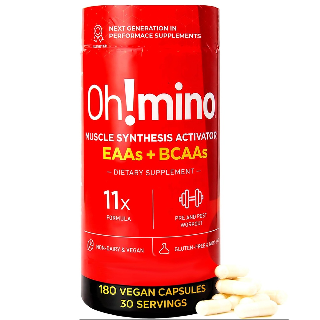 Suplemento de aminoácidos esenciales Oh!mino. Caffeinated Capsules. Los 9 EAAs, BCAAs y el Amino perfecto para los entrenamientos, Amino Energy, y para construir músculo, y recuperar más rápido.