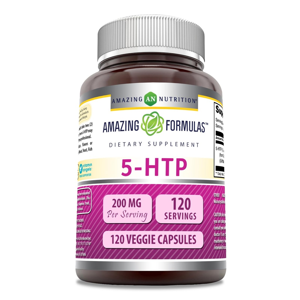 Fórmulas increíbles 5-HTP (L-5-Hydroxytryptophan) Suplemento TENIDO 200 Mg por Serving ANTE Veggie Capsules TEN NO-GMO ANTE Gluten-Free TEN Made in USA (1 Pack TEN120 Count)