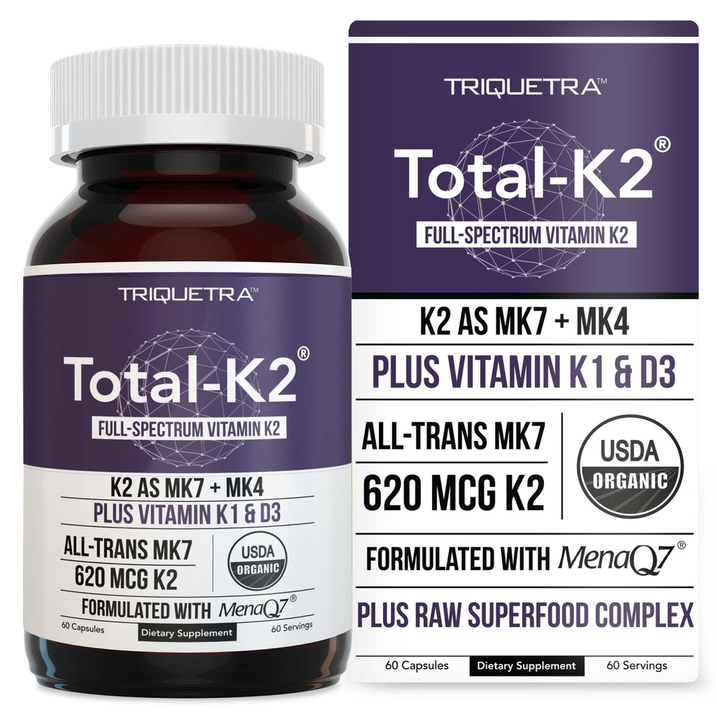 Total K2® tención Vitamina K2 como MK7 &amp; MK4 tención Plus K1 & Vitamina D3 Cofactor - 620 mcg K2 por Serving - All-Trans MK7 de MenaQ7® - Full-Spectrum Vitamin K - Vegan, Certified Orgánico (60 cápsulas)