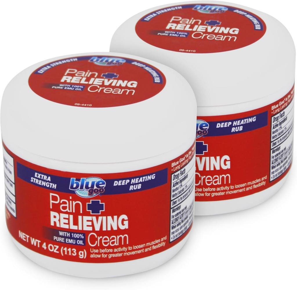 Crema de Alimentación de Dolor de Goo Azul Máximo - Rub de Calefacción Profunda para Atrás/Negro, Musculo Deportivo/Junto, Espranos, Bursitis, Strains - 2 Packs de 4 oz, Hecho con 100% Puro Aceite Emu