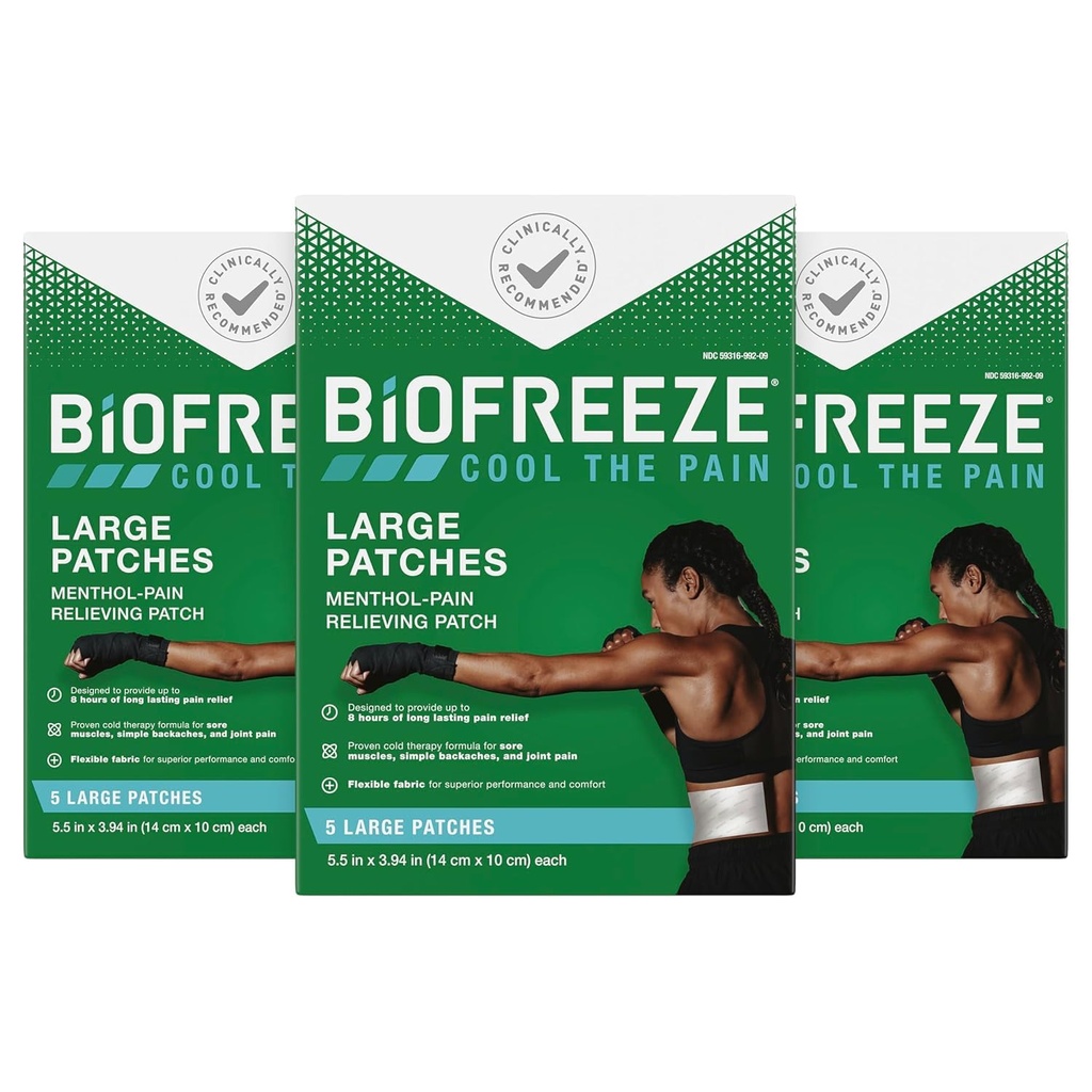 Biofreeze Pain Relief Patches, Artritis Dolor Reliver, rodillas " Relevamiento de dolor de espalda inferior, Sore Muscle Relief, Neck Pain Relief, FSA Eligible, 3 Pack (5 Biofreeze Menthol Patches)
