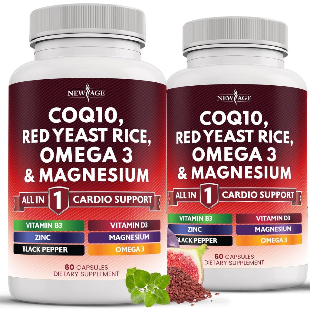 NEW AGE COQ10 200mg Red Yeast Rice 3000mg Omega 3-6-9 3000mg Magnesium Complex 500mg Zinc Vitamin K2 D3 - Vitaminas para Mujeres y Hombres con Vitamina B3, Coenzyme Q10-120 Conteo
