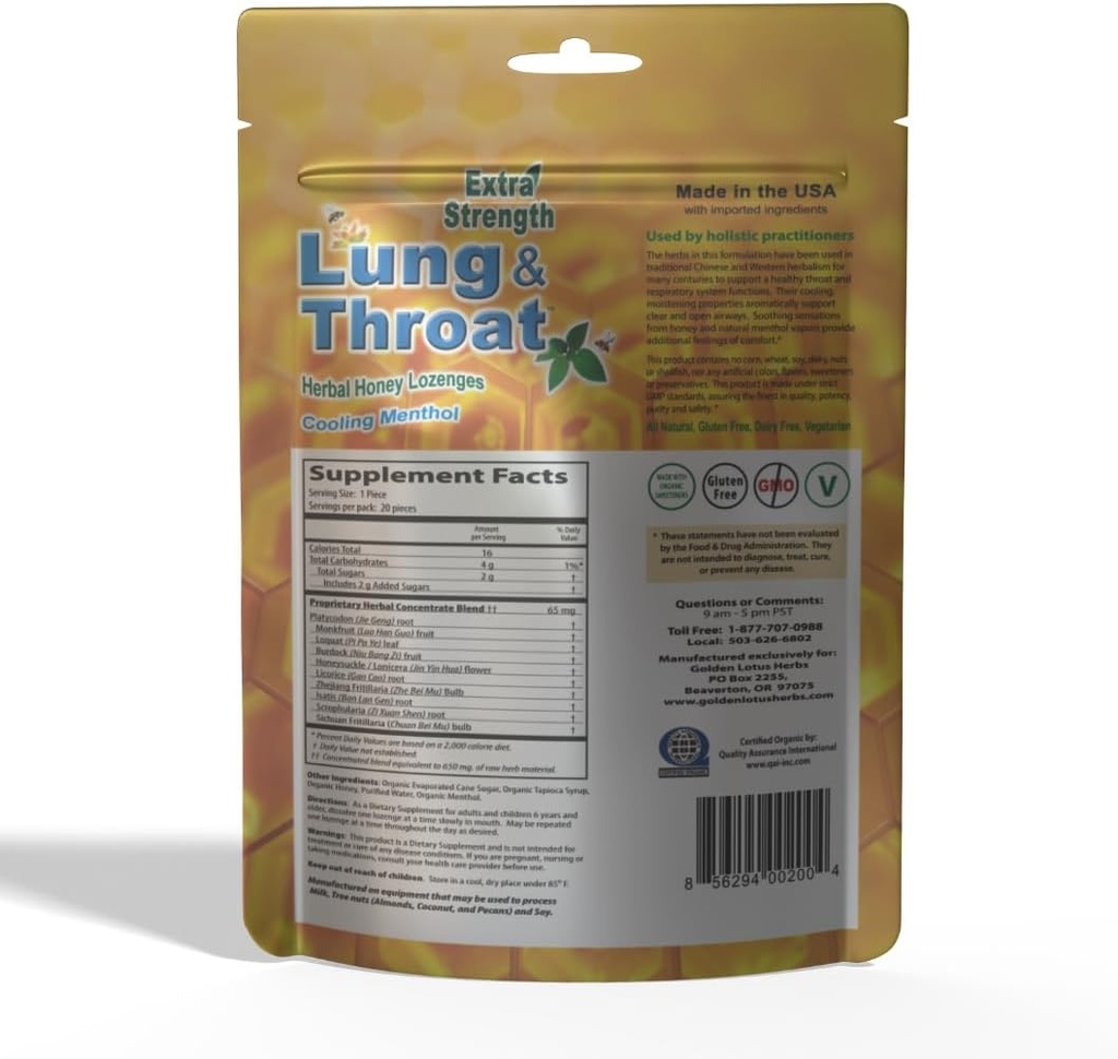 Lung ' Throat Herbal Lozenges – QAI Certified Organic TEN Soothing Honey Mint Cough Drops – 6-Pack