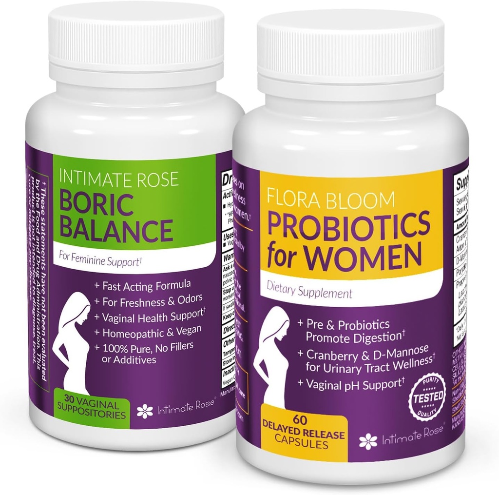 Intima Rose Combo Pack! Flora Bloom Probiotics for Women (One Bottle) and Boric Balance Boric Acid (One Bottle) 2 Pack