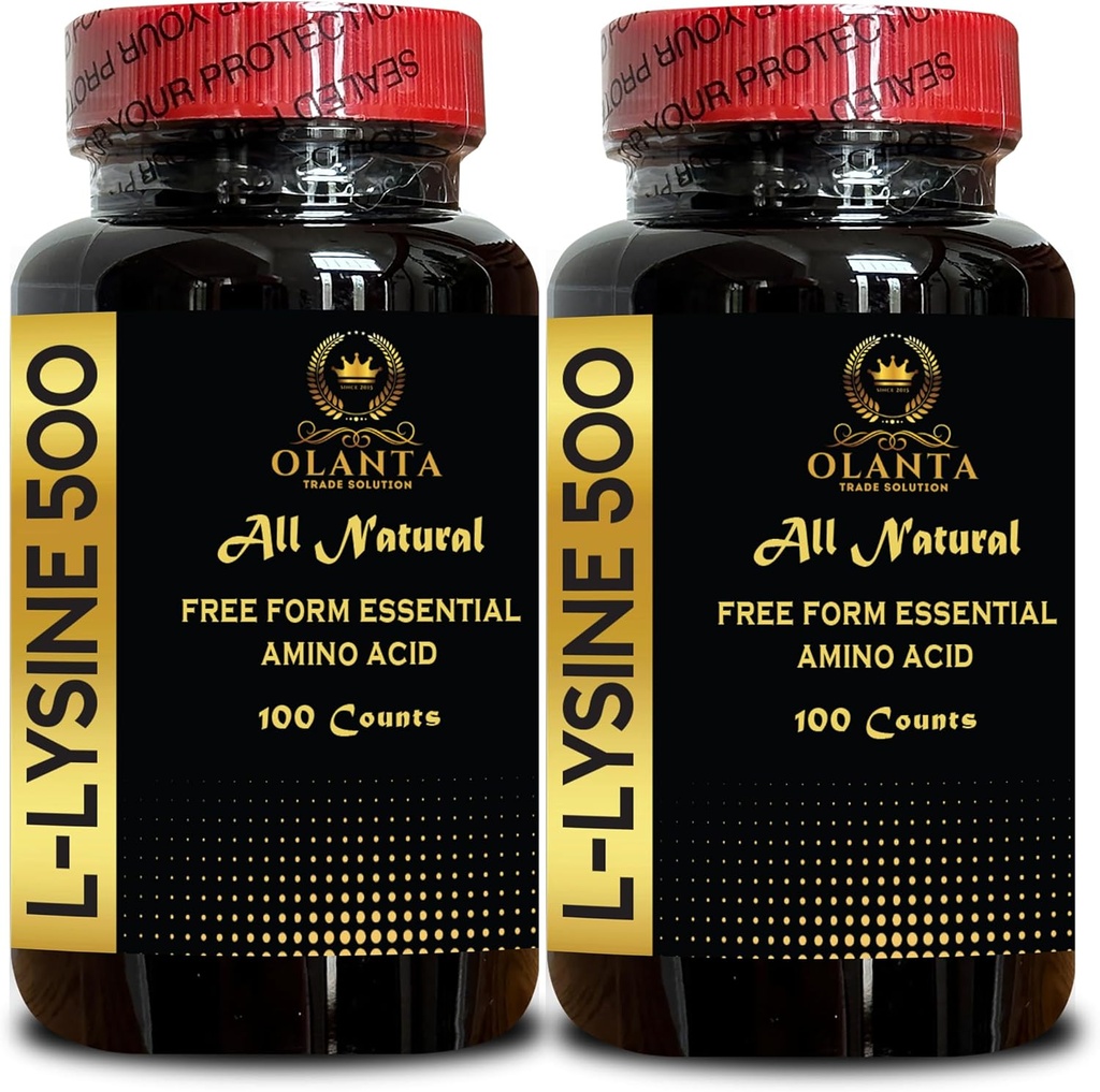 L-LYSINE 500 - Suplemento de vitamina Aminoácidos, suplementos de energía de la menopausia para las mujeres, suplemento de aminoácidos de forma gratuita, promueve la integridad de la piel y los labios - 2 botellas 200 condes