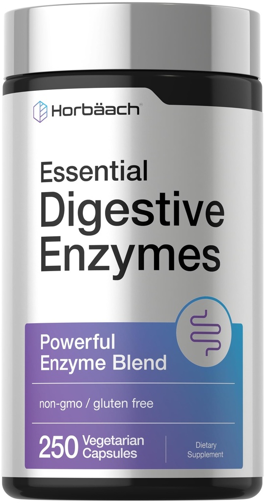 Horbäach Esencial Enzymes Digestivos Silencioso 250 cápsulas  Powerful Enzyme Blend for Men &amp; Women ← Non-Gluten Free Supplement