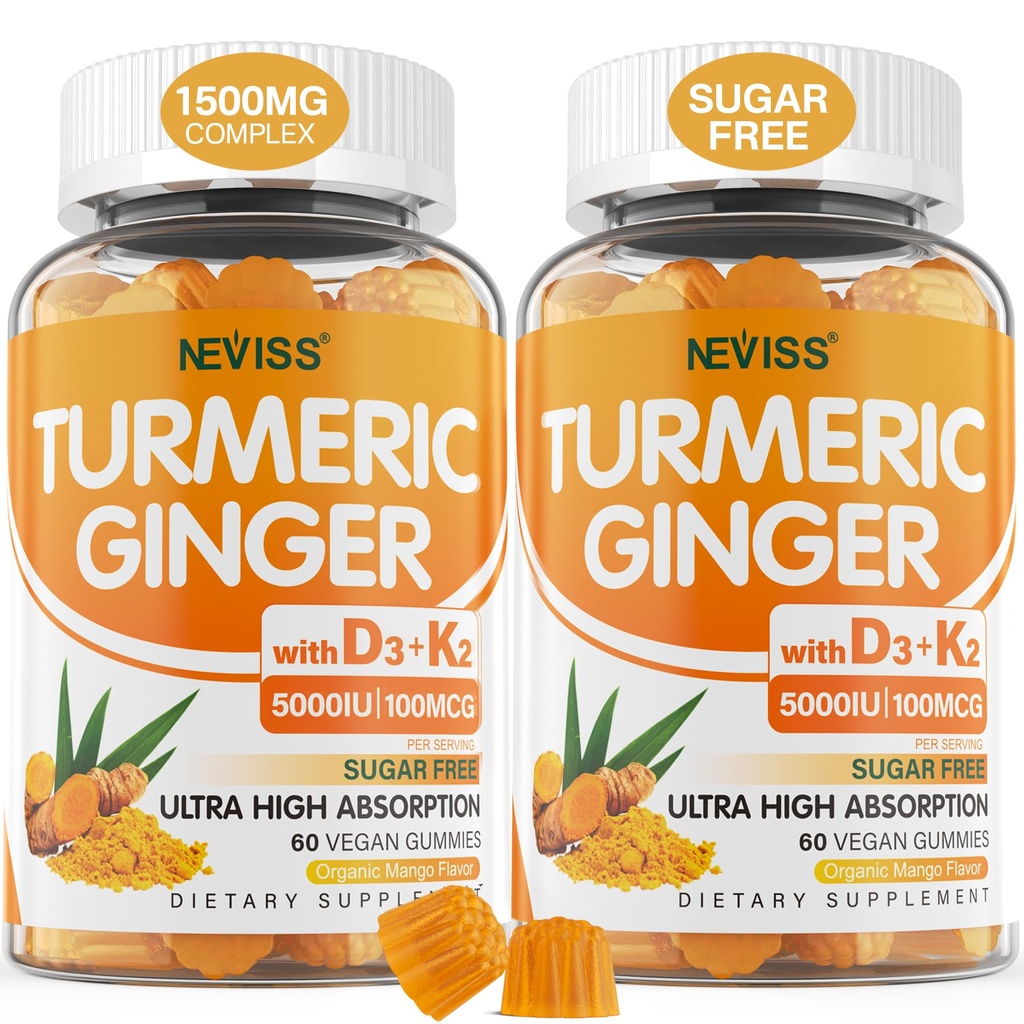 Gaviotas de jengibre con 5000 UI Vitamina D3 &amp; K2 (MK7), C - Suplemento Turmérico Vegan Gummies para adultos 1500mg con pimienta negra, soportes de hueso, inmune &amp; salud digestiva - 120 Cts