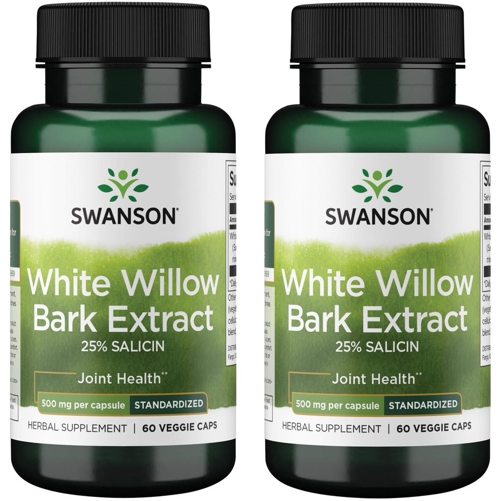 Swanson Maximum Strength White Willow Bark Extract-Promotes Joint Support & Muscle Relief-Standardized to 25% Salicin-Natural Supplement with No Stomach Irritation (60 Veggie Caps, 500mg Cada) 2 Pack