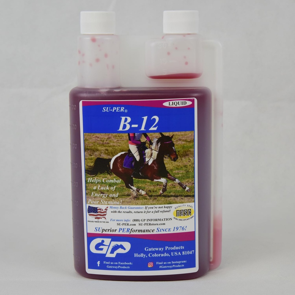 SU-PER B-12 Energy Horse Supplement - Equine Vitamins B-12 &amp; B-9 Folic Acid Support Liquid - Red Blood Cell Production &amp; Stamina Support for Peak Performance - Quart, (2 Pack)