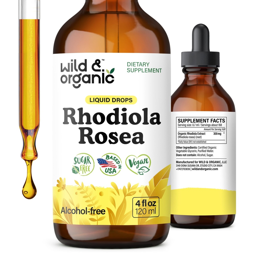 Wild &amp; Organic Rhodiola Rosea Tincture - Rhodiola Rosea Suplemento para Mood Support - Relajando las gotas líquidas - Vegan, Azúcar &amp; Sin alcohol - 4 fl oz