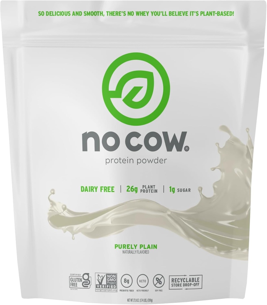 Sin vaca Powder de proteína vegana, puramente simple, 26g Proteína con base vegetal, bolsa reciclable, libre de lácteos, soy libre, sin azúcar añadido, Keto Friendly, sin gluten, naturalmente endulzado, no GMO, Kosher, 1,74 libras