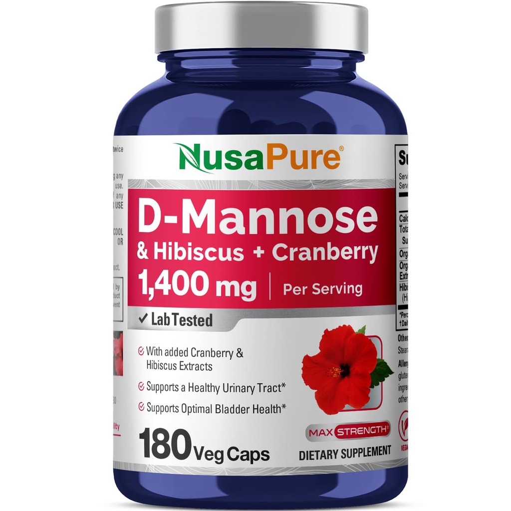 NusaPure D-Mannose Complex 1400 mg (con Hibiscus y Cranberry) - 180 Veggie Caps.