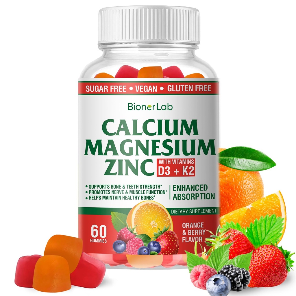 BionerLab Calcium Magnesium Zinc Gummies with Vitamin D3 & K2 - Absorción mejorada de alta potencia - Orange y Berry Flavored