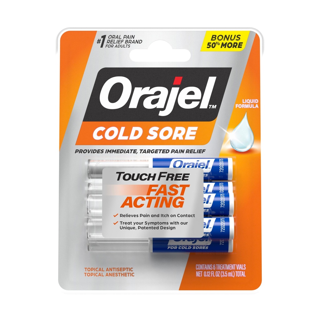 Orajel Touch Tratamiento frío libre .12oz, Fórmula Líquida, proporciona alivio inmediato de dolor, tamaño de bonificación, 6 aplicadores.