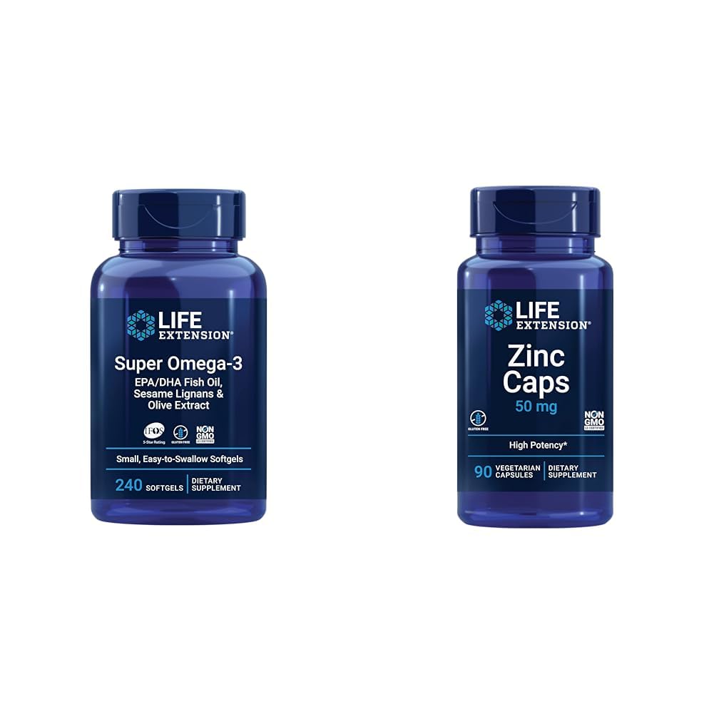 Extensión de vida Super Omega-3 EPA/DHA Fish Oil, Sesame Lignans &amp; Olive Extract - Omega 3 Suplemento " Zinc Caps, zinc 50 mg, zinc Citrate, Apoyo Las defensas inmunitarias del cuerpo