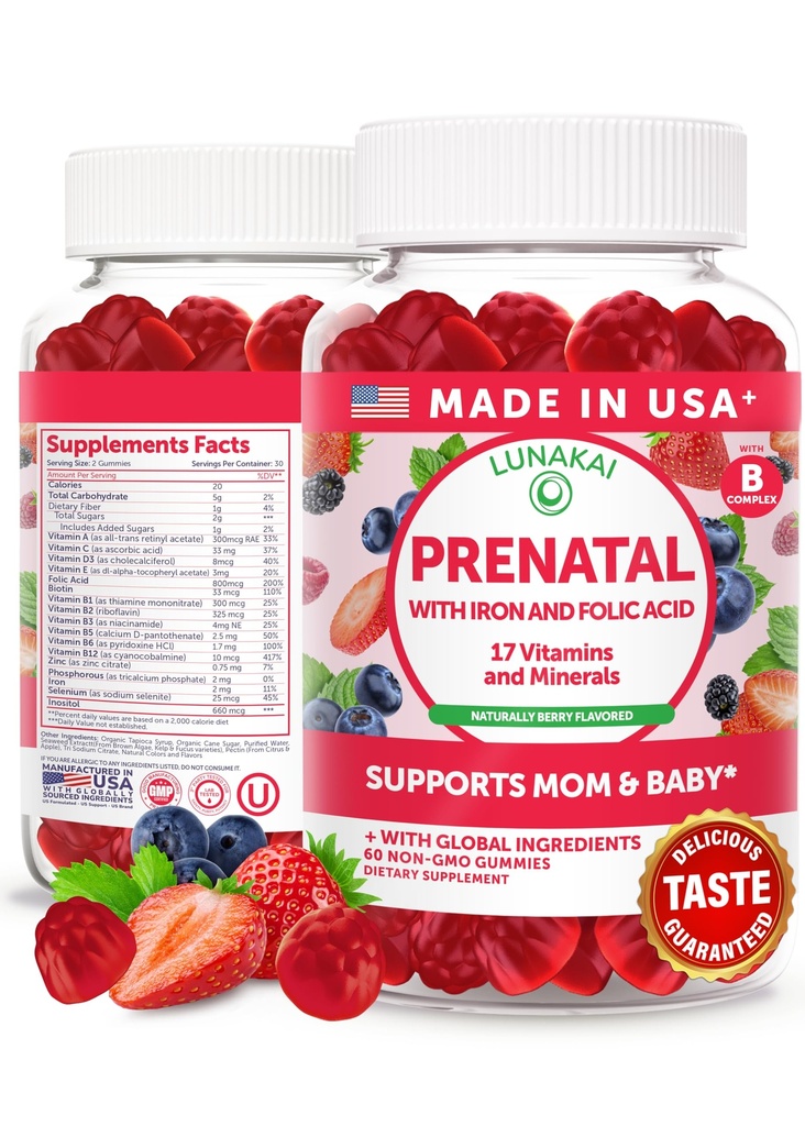 Lunakai EE.UU. Realizó vitaminas prenatales con ácido fólico de hierro - Delicious Pregnancy Gummies multivitamina para las mujeres, 60 cuenta