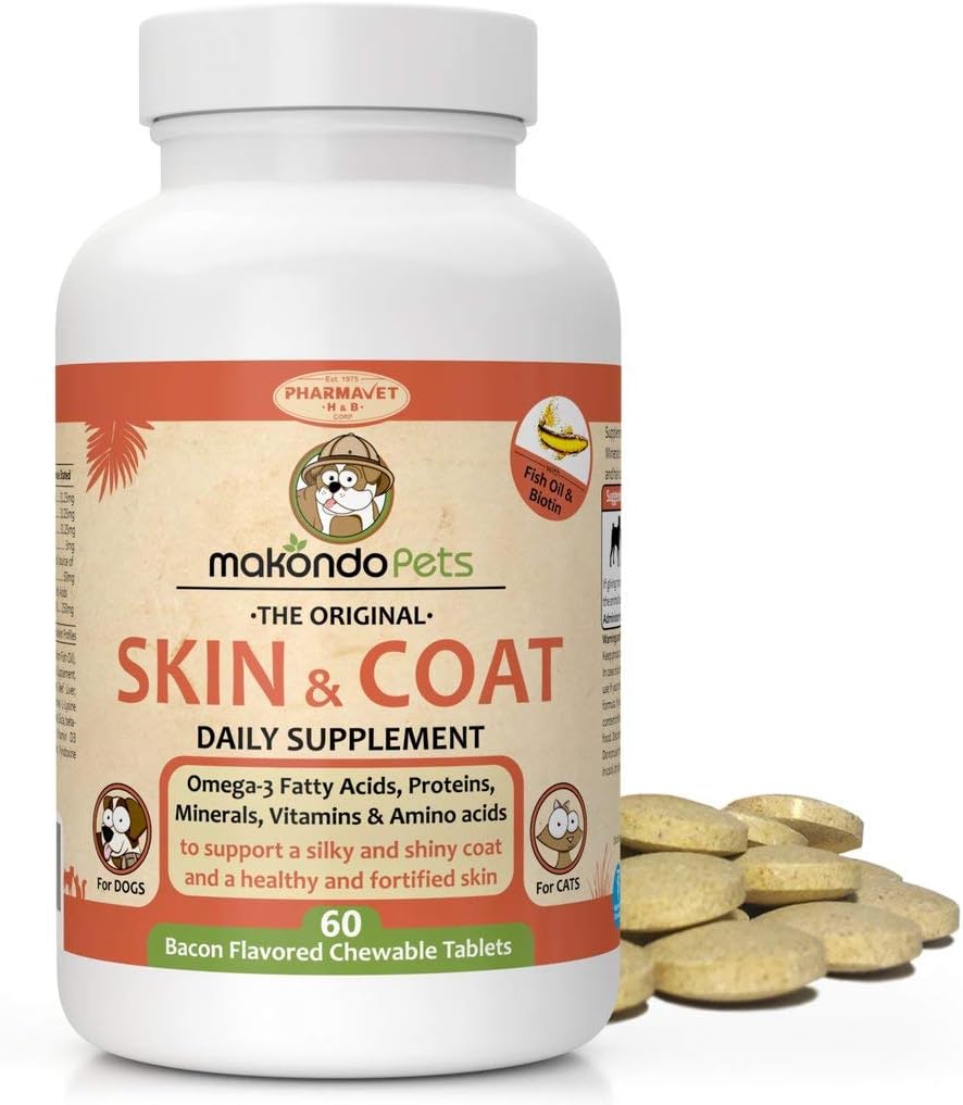 Suplemento de piel y carne con aceite de pescado y omega 3 para perros y gatos - Alivio de Itch perros Suplemento de mascotas para la cama, picazón y alergias - Tratamiento de alergia al perro Vitaminas (60 Tabs)
