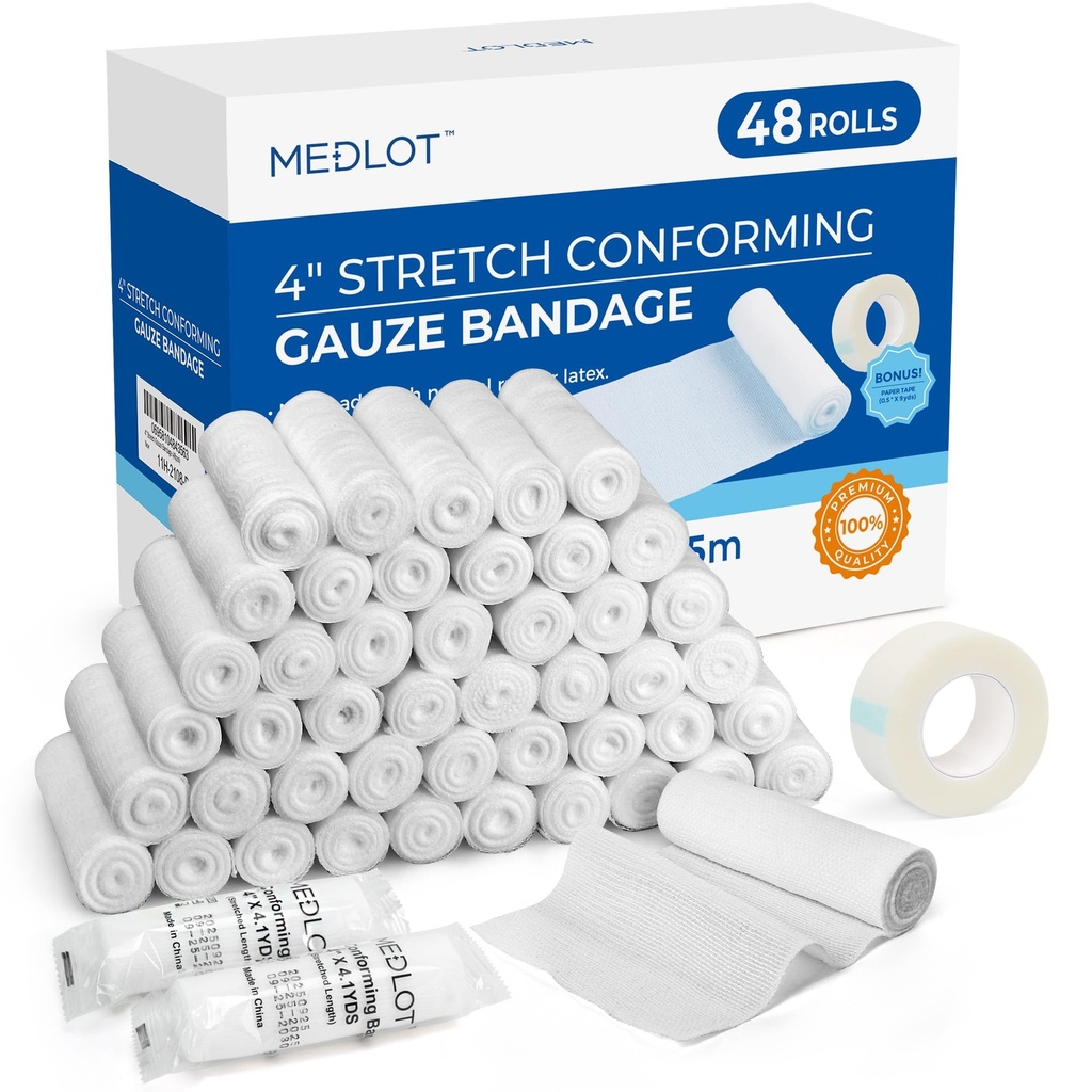 LotFancy Gauze Rolls, 48 Cuenta, 4 pulgadas x 4.1 Yards, Rolled Gauze Wrap, Conforming Stretch Bandage for Wounds Care, Medical Supplies for First Aid