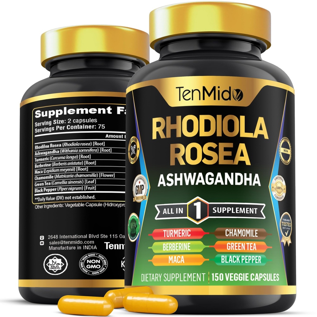Rhodiola Rosea Suplemento - 8in1 Fórmula - Combina con Ashwagandha, Turmeric, Berberine, Maca, Chamomile, Té Verde y Pimiento Negro - Nutrient Rich - 150 cápsulas Vegan