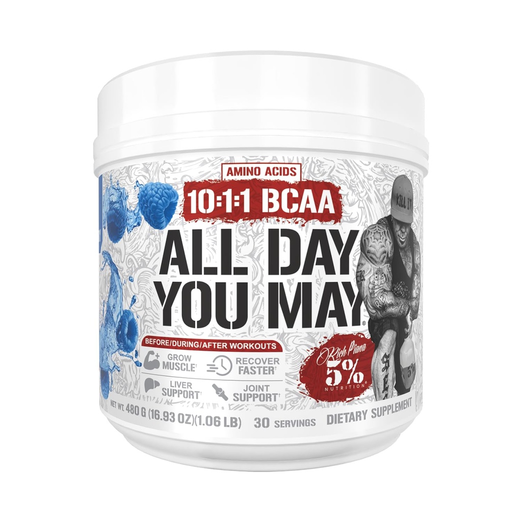 5% Nutrición Rich Piana AllDayYouMay BCAA Powder ← Premium Intra " Post Workout Amino Acids, EAA, Electrolytes TEN Hydration, Endurance, Recovery TEN Vegan " Keto TEN 16.4 oz, 30 Srvgs (Blue Raspberry)