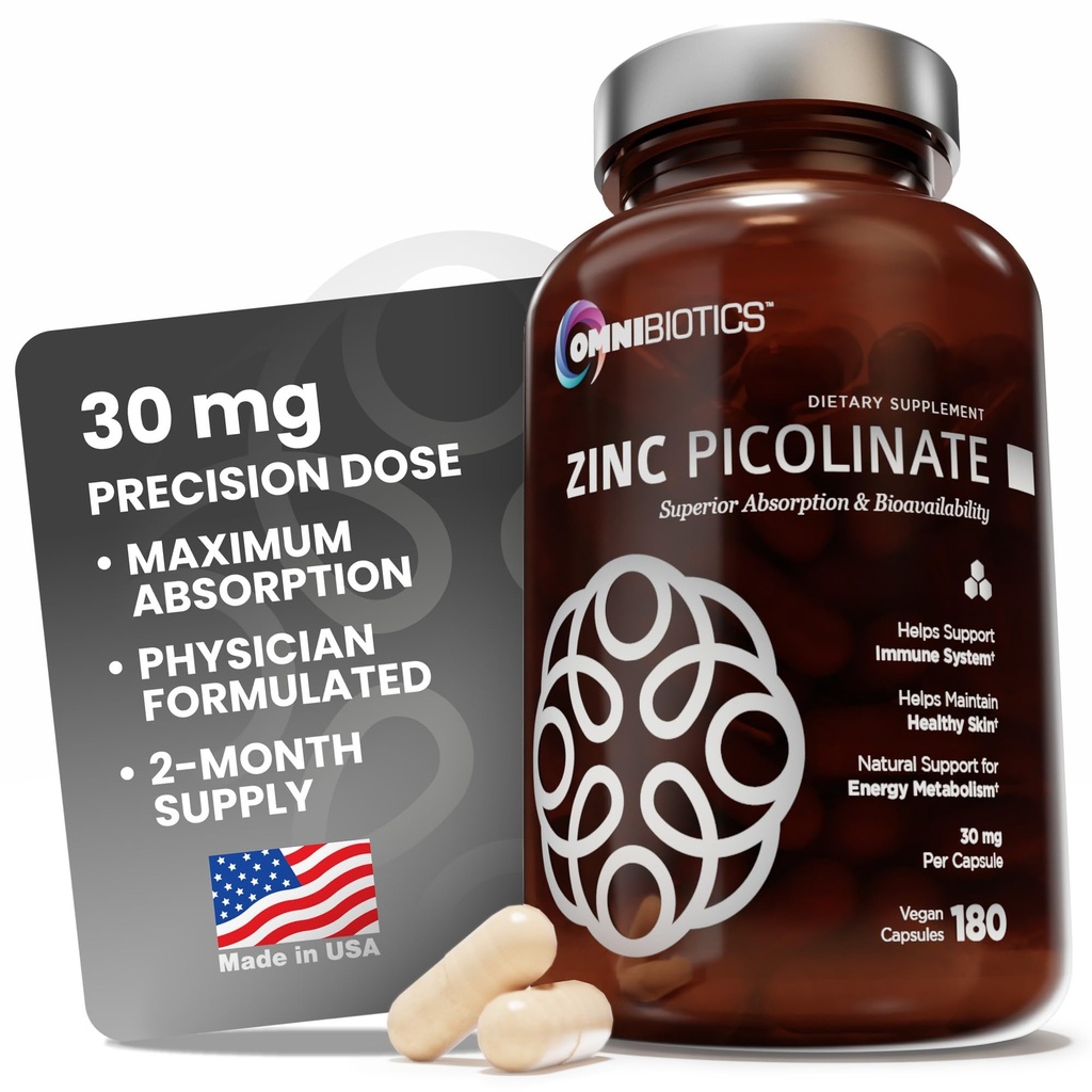 OmniBiotics Zinc Picolinate 30mg Suplemento – Zinc de alta absorción para el sistema inmunológico, la piel sana y el apoyo energético – 180 cápsulas Vegan
