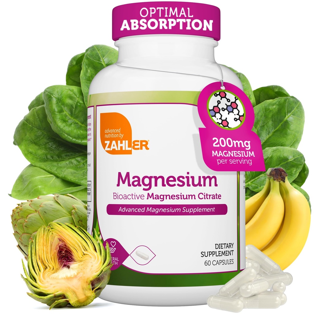 Zahler - Suplemento de Magnesio cápsulas 200 mg (60 Conde) Certificado Kosher Citrato de Magnesio Bioactivo para Max Absorción - Magnesio Natural Mineral para Hombres - Mejores Suplementos de Magnesio