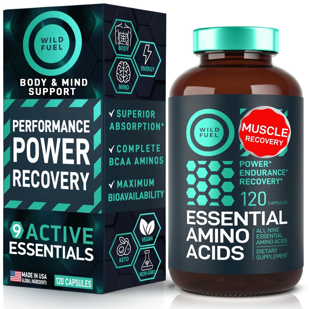 Suplemento de Aminoácidos Esenciales - Los 9 EAAs con BCAAs Aminoácidos (Leucine, Lysine, Valine, Threonine) - 3000mg Por Serving - Crecimiento muscular, Potencia, recuperación - 120 Vegan, Caffeine Free Capsules