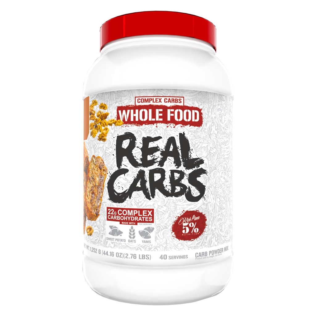 5% Nutrición Rich Piana Real Carbs with Real Food Complex Carb Powder, Long-Lasting Low Glycemic Energy for Pre-Workout/Post-Workout Recovery Meal, 2.7 Lb, 40 Servings (Banana Nut Bread)