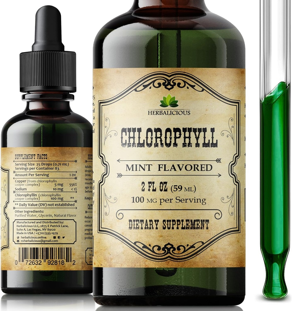 Chlorophyll Liquid Drops – Organic Natural Detox &amp; Cleanse Support – Boost Energy, Immunity & Metabolism – Vegan, Non-GMO, Mint Flavor, 2 fl oz – Sodium Copper Chlorophyllin Extract – Made in USA
