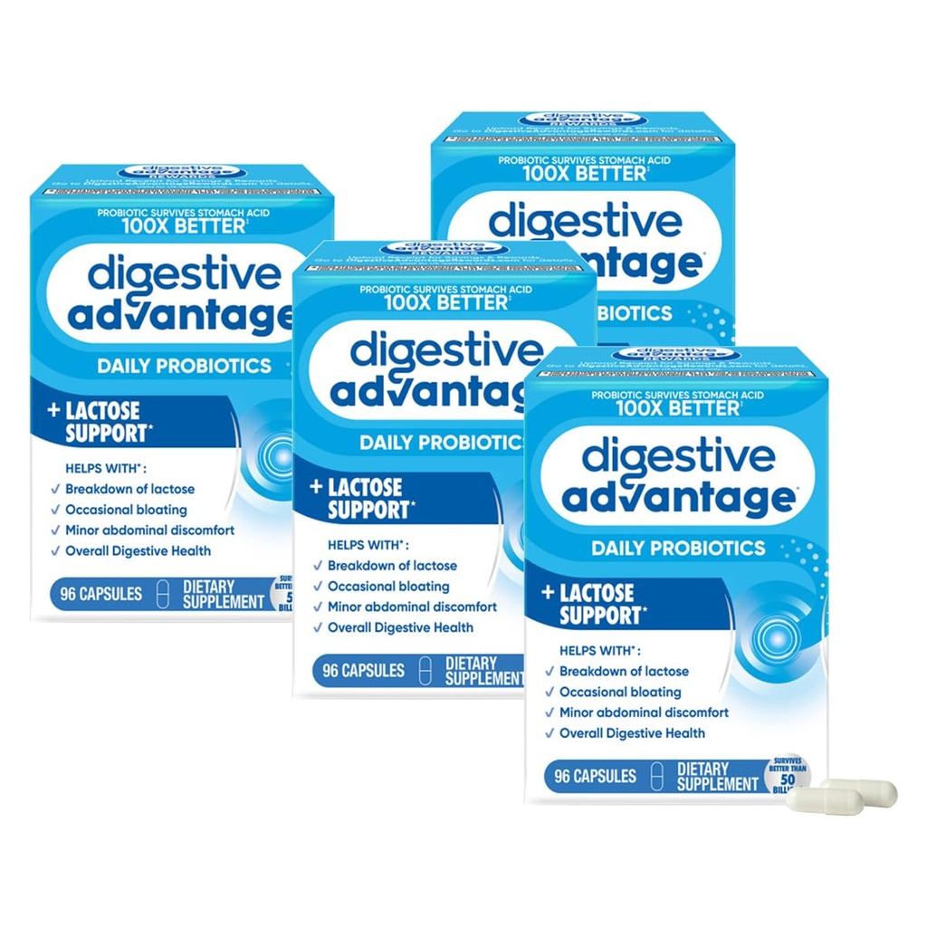Digestive Advantage Lactose Defense Enzymes + Probiotics for Women &amp; Men Occasional Bloating, Lactose Breakdown, Menor Abdominal Discomfort, Immune Support, 96 Condes Capsules (4 Pack)
