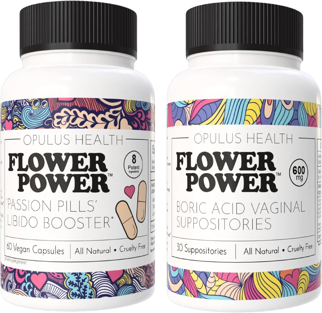Flower Power - Píldoras de pasión Libido Booster " Boric Acid Suppositories – All-Natural Feminine Care Bundle for Enhanced Libido, Odor Control, and Balanced Vaginal Health – 60 Vegan Capsules, 600mg – Ma