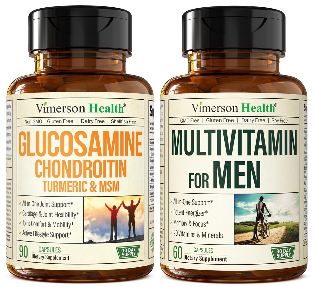 Glucosamine Chondroitin Turmeric MSM + Multivitamina 2-Bottle Suplemento Bundle para Él. Salud Conjunta, Respuesta Inflamatoria, Apoyo Inmunitario, Propiedades Antioxidantes