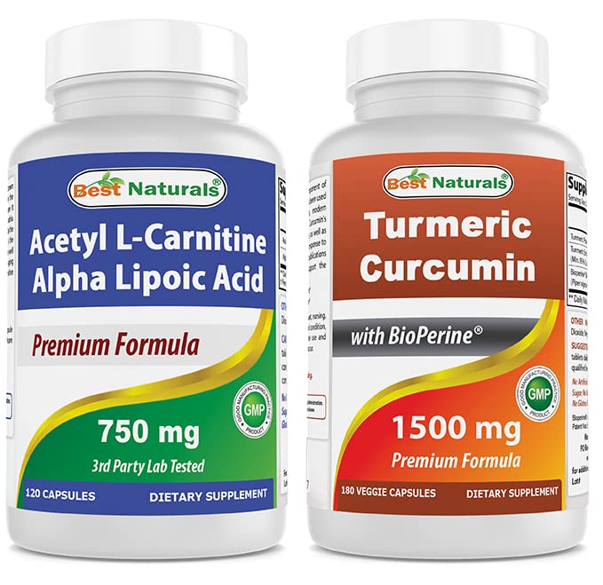 Mejores Naturales Acetyl L-Carnitina y Ácido Alfa Lipoico 750 mg & Turmeric Curcumin 1500mg/Serving with Bioperine