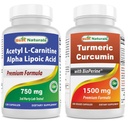 Mejores Naturales Acetyl L-Carnitina y Ácido Alfa Lipoico 750 mg & Turmeric Curcumin 1500mg/Serving with Bioperine