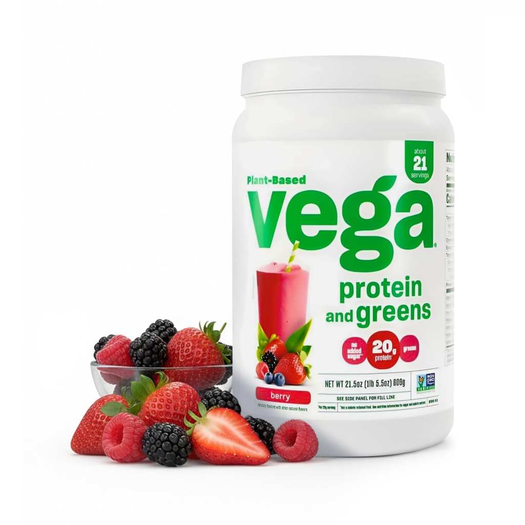 Vega Protein y Verdes Protein Powder, Berry - 20g Planta Basada Protein Plus Veggies, Vegan, No GMO, Pea Protein para Mujeres y Hombres, 1.3 libras (Packaging May Vary)