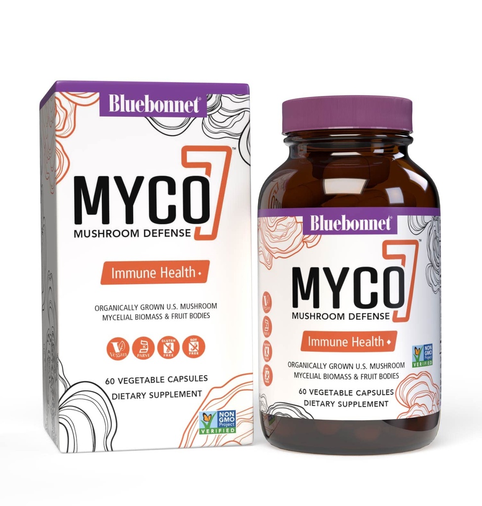 BlueBonnet Nutrition Myco-7 Mushroom Defense – 7 Organically Grown U.S. Whole, Full-Cycle Mushrooms – for Immune & Wellness - Soy-Free, Gluten-Free, Non-GMO, Kosher y Vegan – 60 cápsulas vegetales