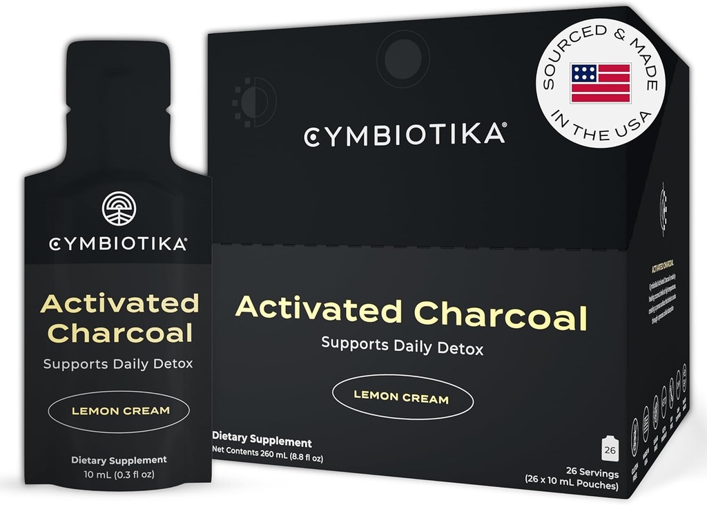 CYMBIOTIKA Paquetes de suplemento líquido de carbón activado de coco para Bloating, Gut Health &amp; Digestive Support, Helps Detox, Vitamina E, Lemon Cream Flavor, Vegan, 26 Pack