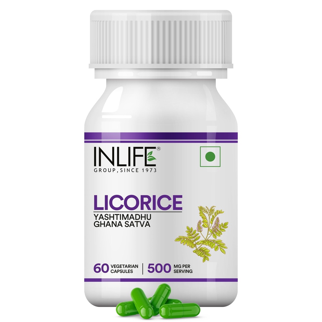 INLIFE Licorice Root Extract (Yasthimadhu) Estándarizado a ±20% Glycyrrhizinic Acid Suplemento, 500 mg - 60 cápsulas vegetarianas