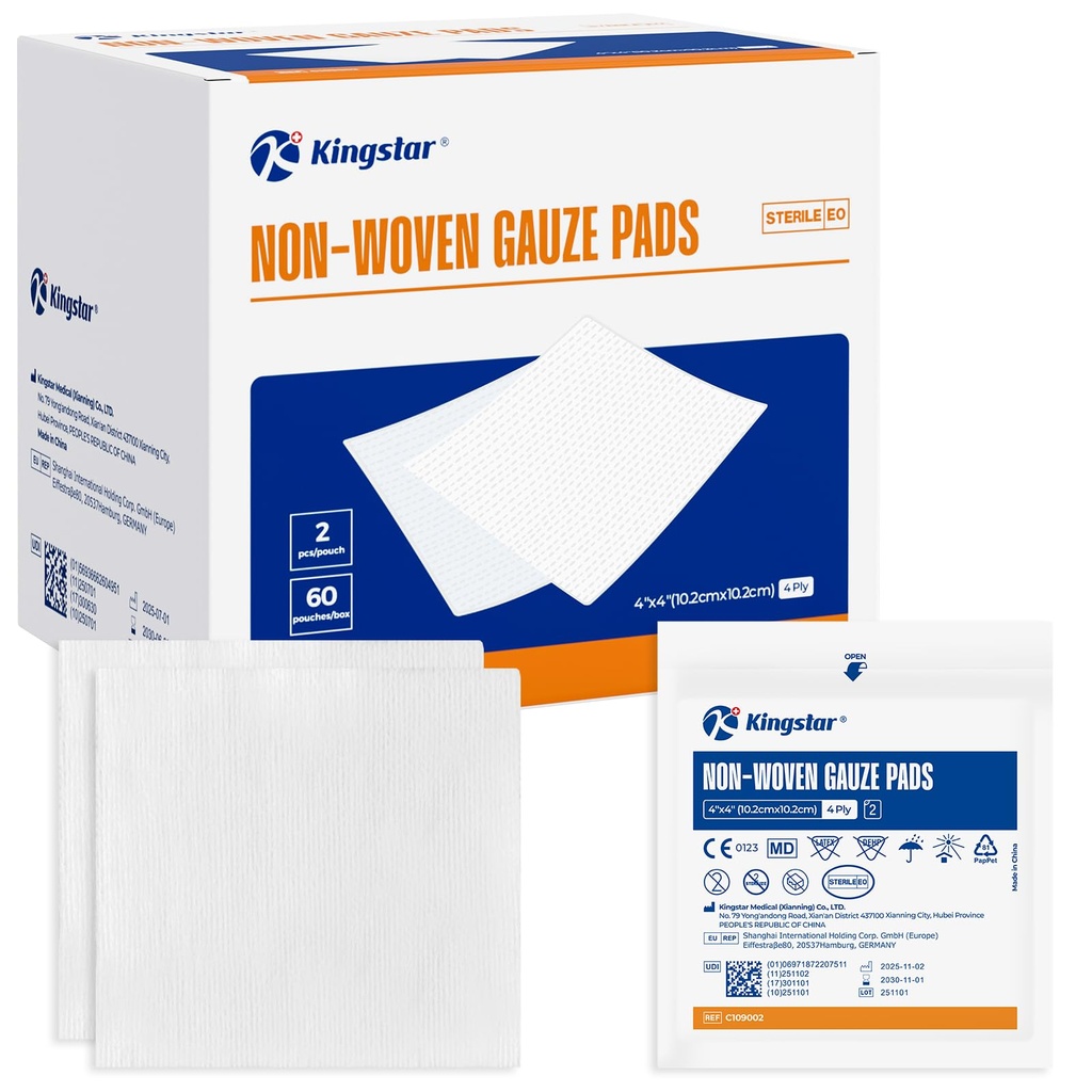 Kingstar Sterile Pads de Gauze no tejidos, 4"x 4" Wound Dressing, 60 Packs - 120 Pieces Superior Soft Sponge Pads, Compresas de Gauze Absorbent Superior para Trauma o Cuidado de Wound Post-Operative