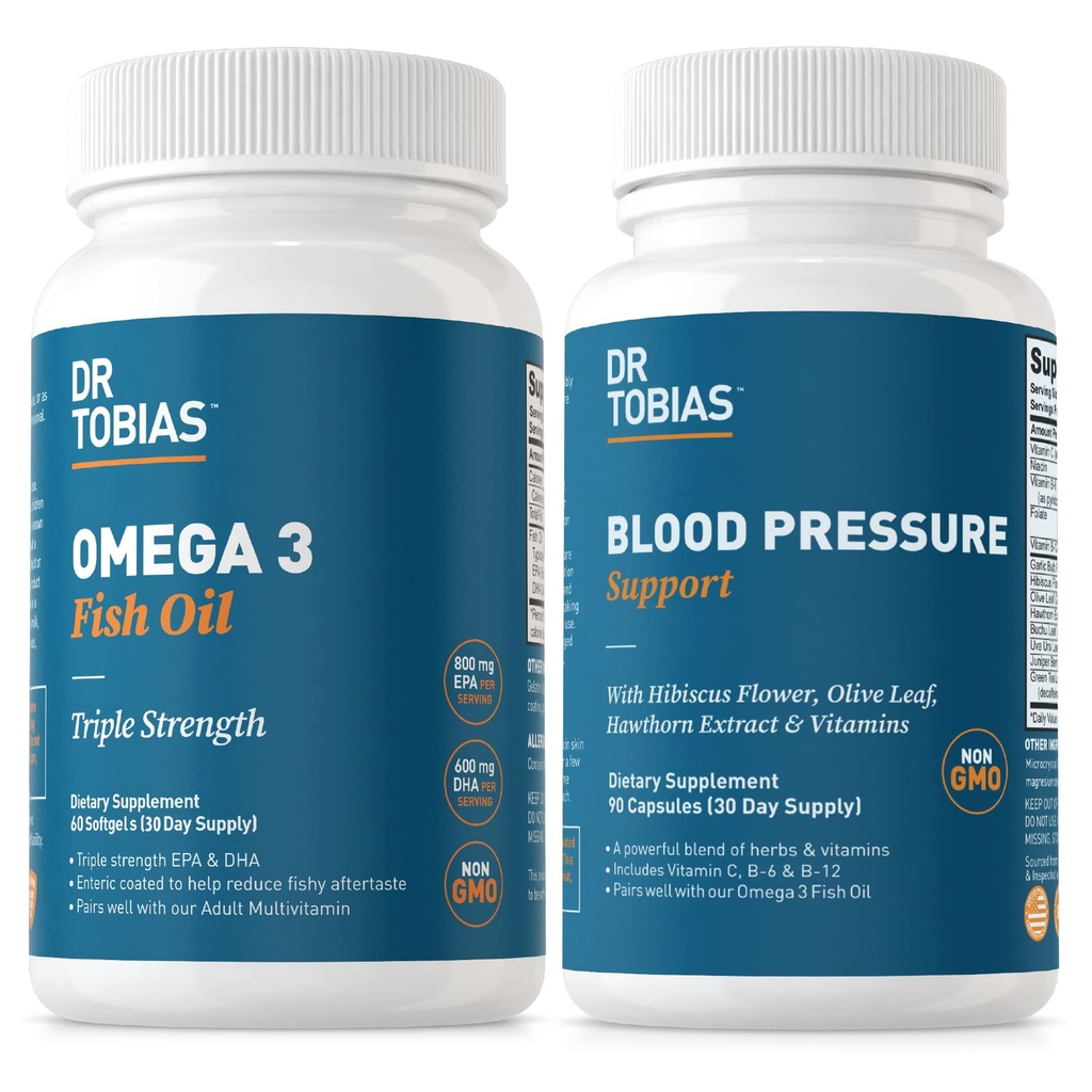 Dr. Tobias Omega 3 Fish Oil &amp; Blood Pressure Support Supplements for Heart, Brain, Immune, Circulatory Health, with Vitamin C, B6, B12, Niacin, Folate &amp; Herbs