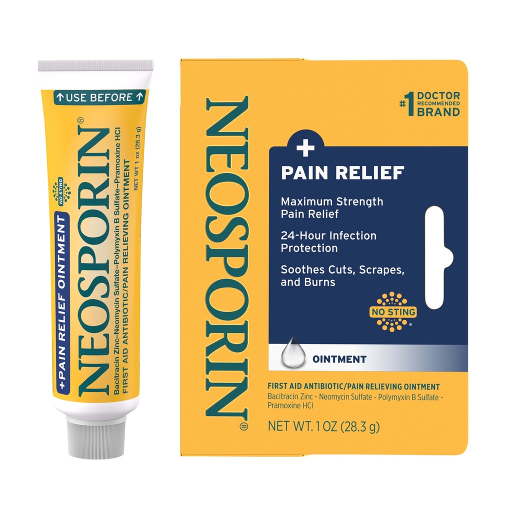 Neosporin + Antaño Máximo-Strength Triple Antibiótico con Alivio del Dolor, Cuidado de los primeros auxilios, Fórmula de No-Sting con Pramoxine HCl, Bacitracin Zinc, 1 oz Tube Individual